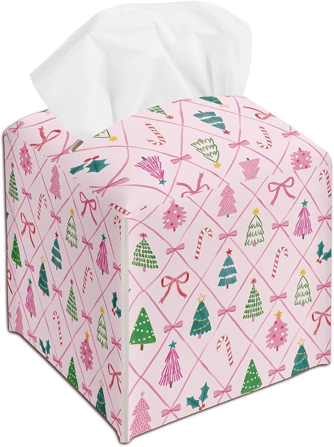 Pink Christmas Trees and Bow Tissue Box Cover Holder, Christmas Tissue Box Cover Square, Xmas Gift Ideas for Family Friends, Bathroom Kitchen Car Office Home Table Decor(5.2 Inches)-B11