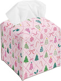 Pink Christmas Trees and Bow Tissue Box Cover Holder, Christmas Tissue Box Cover Square, Xmas Gift Ideas for Family Friends, Bathroom Kitchen Car Office Home Table Decor(5.2 Inches)-B11