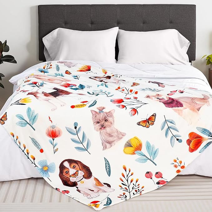 Dog Floral Flower Throw Blanket Gift for Dog Lover Blanket Dogs Themed Flannel Fleece Cozy Fuzzy Plush Throw Blankets for Home