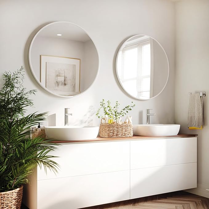 White Round Mirror 24 inch, 2 Pack White Circle Mirror, Round Bathroom Mirrors Metal Frame for Bathroom, Bedroom, Living Room, Hallway.