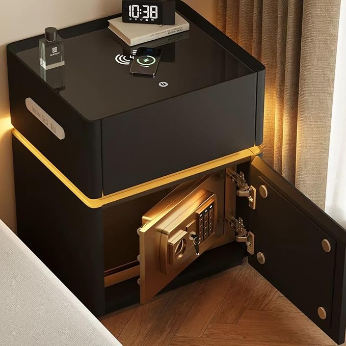 Smart Nightstand with Lock, Leather Bedside Table with Hidden Safe Built, Wood Drawer, USB and Wireless Charging, 3 Color LED, No Assembly Required (Black, 15.7in)
