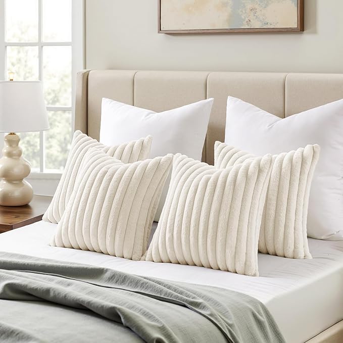 MIULEE Faux Fur Plush Decorative Throw Pillow Covers 18x18 Set of 4, Spring Modern Soft Fuzzy Striped Cushion Covers for Sofa Couch Bed Living Room Cozy Home Decor,Cream White
