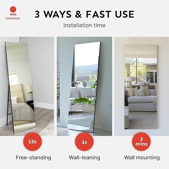 Kosmonia 68x20 Frameless Full Length Silver Coating Mirror w/Distortion Free, HD Reflection &Anti Desilvering, Tempered Glass & Shatter Proof Film Doubling Safety, Easy Setup w/Stand, Wall/Standing