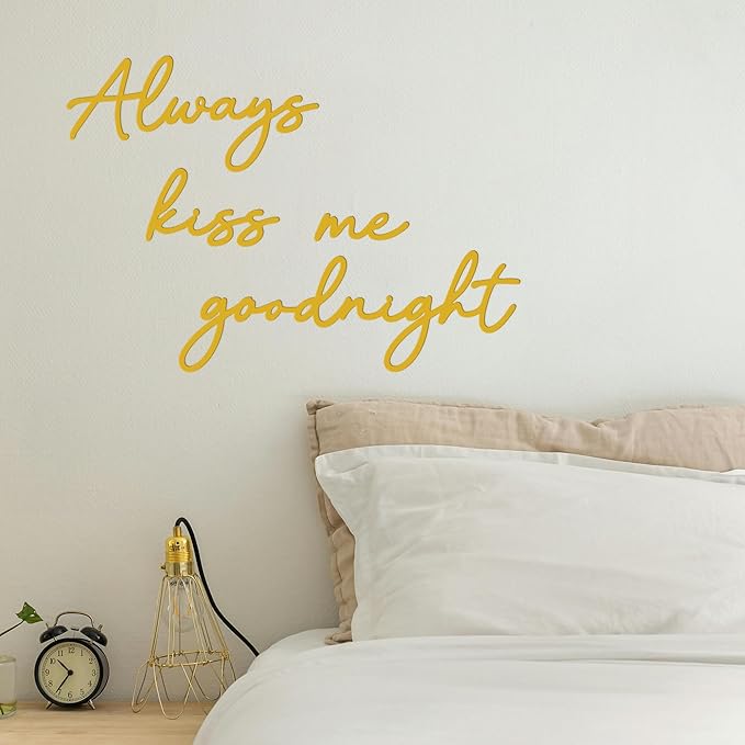 Always Kiss Me Goodnight Wall Sign Metal Wall decor Love Theme Wall decor Wall Hanging Sculptures for Bedroom Living Rooms, Gold, 19" x 10.2"
