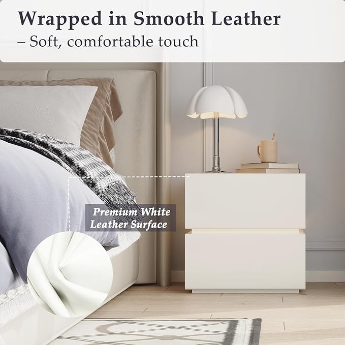 Modern Nightstand with Lights, Microfiber Leather Surface for Soft Touch, LED Night Stand with 2 Drawers for Bedroom Bed Sofa