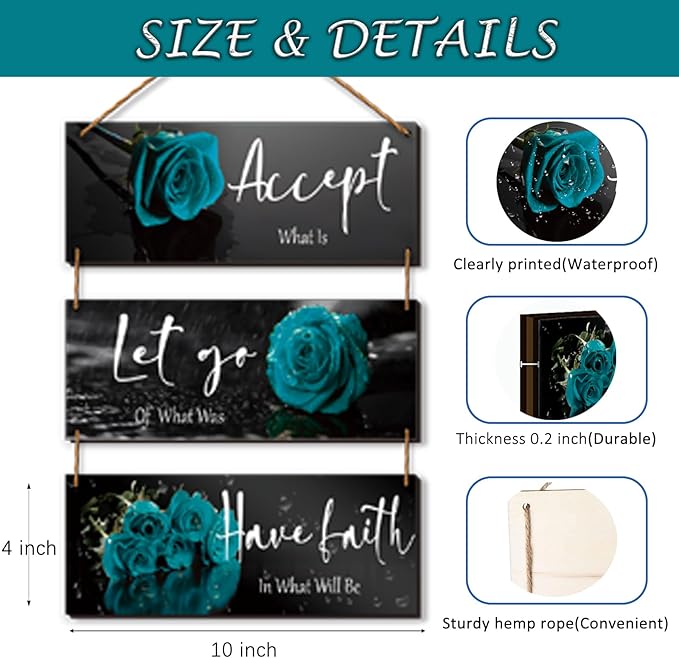 3 Pcs Wooden Teal Flower Wall Art - Teal Rose Wall Decor With Inspirational Quotes - For Women, Office, Living Room, Bedroom (10 x 4 Inch)