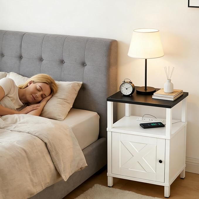 Set of 2 Farmhouse Nightstand with Charging Station, White Bedside Table with USB&Type-C Ports and Outlets, End Table with Storage, Night Stand for Bedroom, White and Black ETBW96E01S2