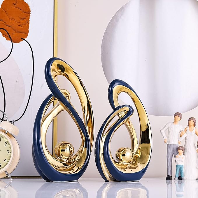 XMGZQ Home Decor Accent,Porcelain Art Mid Century Bookshelf Decorations,Gold Centerpieces for Tables,Abstract Ceramic Statue Sculpture for Coffee Table Mantel Tv Stand Centerpieces (Blue, Large)