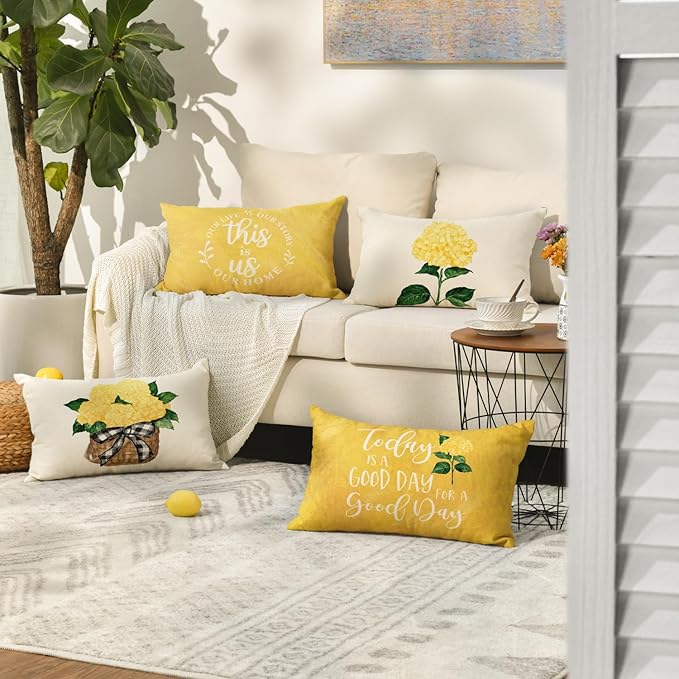 AVOIN colorlife Yellow Hydrangea Summer Throw Pillow Covers, 12 x 20 Inch Today is A Good Day Dark Yellow Cushion Case Decoration for Sofa Couch Set of 4