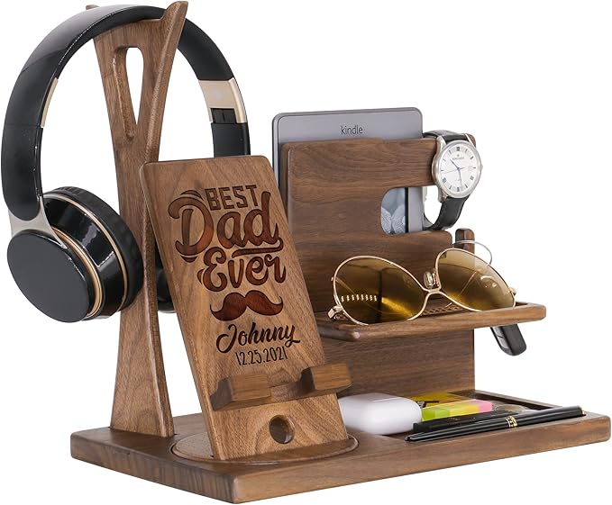 Personalized Desk Organizer for Dad Grandpa - Handmade Accessories Organizer with Rotating Phone Stand, Headphone Stand, Watch Holder - Unique Gift Ideas for Him Her on Birthday Anniversary