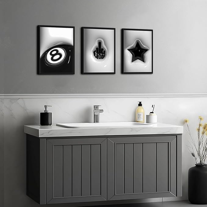 Modern Trendy Wall Art Set of 3, Black and White Lucky 8 Star Wall Decor Paintings Cool Preppy Finger Poster Canvas Prints for Dorm Bedroom Living Room 12x16 inch Framed