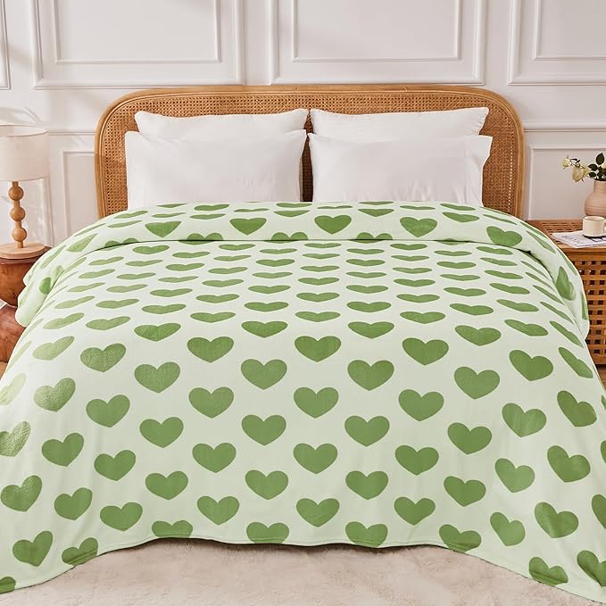 FY FIBER HOUSE Heart Flannel King Blanket Soft Cozy Blankets for Lover Gifts All Season Use, 90x108 Inches, Sage Green