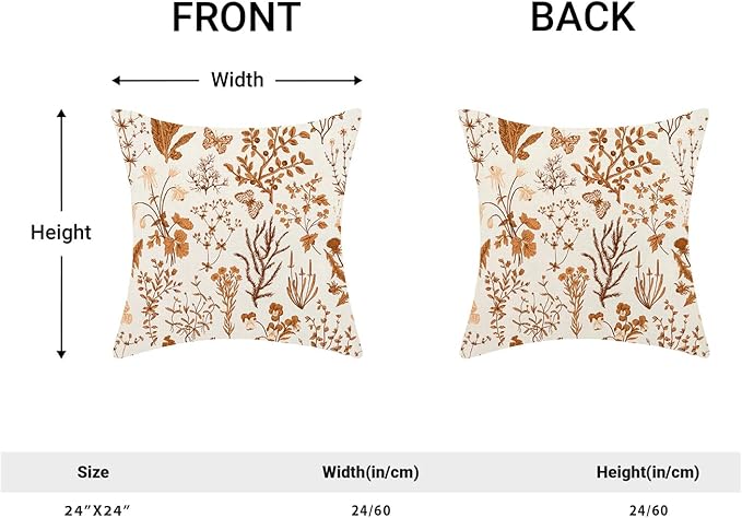 AEIOAE Fall Pillow Covers 24x24 Inch Set of 2,Burnt Orange Wild Flower Plant Throw Pillows Case,Seasonal Floral Outdoor Decorative Square Linen Farmhouse Decor Cushion Covers for Home Sofa Bed Couch