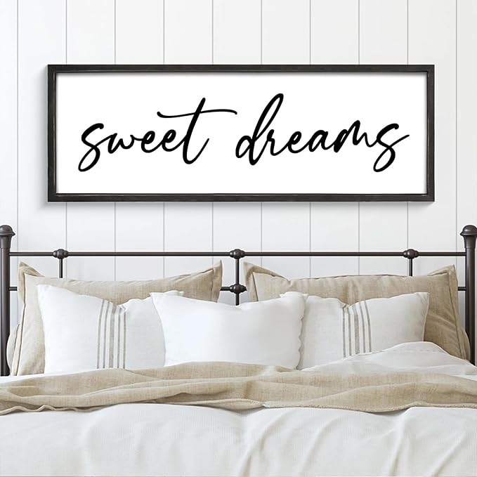 Sweet Dreams Wall Decor Above Bed 42''×15'' Large Bedroom Sign Farmhouse Bedroom Wall Sign Wood Framed Guest Room Decor Master Bedroom Wall Decoration (Black)