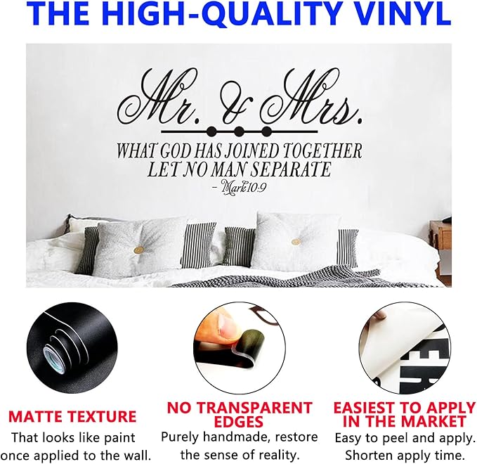 Wall Decals for Bedroom, Wall Stickers for Bedroom, (Easy to Apply), Vinyl Wall Decor Art Quotes, Bible Verse Church Christian God Scripture Inspirational Home Sayings Word Sign, Mr and Mrs 21"X11"