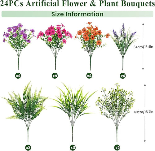 Alupssuc 24 Bundles Artificial Flowers for Outdoors Spring Summer Decoration, UV Resistant Eucalyptus Violet and Lavender Silk Fake Plants for Outside Indoor Yard Home Patio Decor, Orange Rose Purple