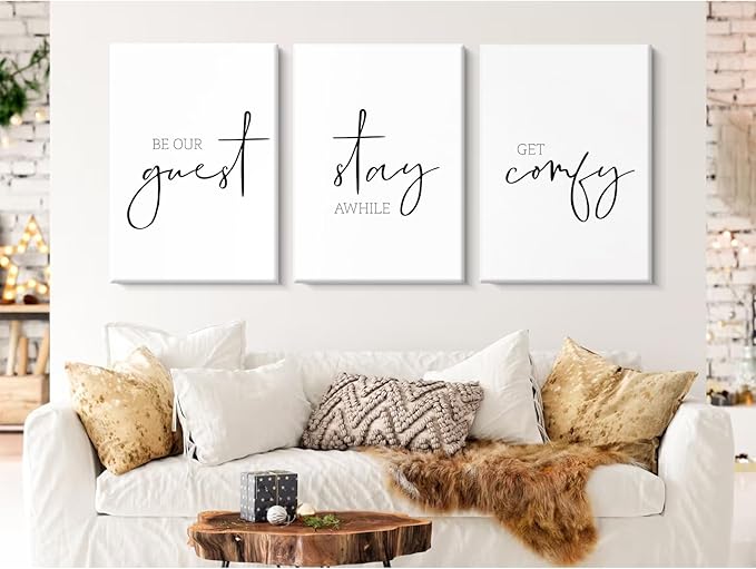 Be Our Guest Wall Decor Guest Room Wall Art Decor Stay Awhile Signs for Home Decor Minimalist Wall Art over the Bed Sign Guest Bedroom Wall Decor Canvas Painting 16x24 Inch (set of 3) Ready to Hang