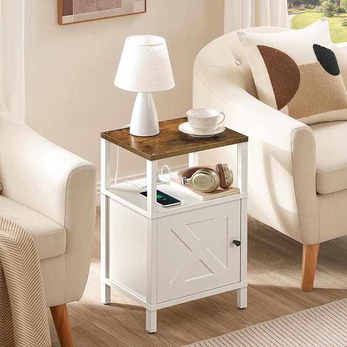 Set of 2 Farmhouse Nightstand with Charging Station, White Bedside Table with USB&Type-C Ports and Outlets, End Table with Storage, Night Stand for Bedroom, White and Rustic Brown
