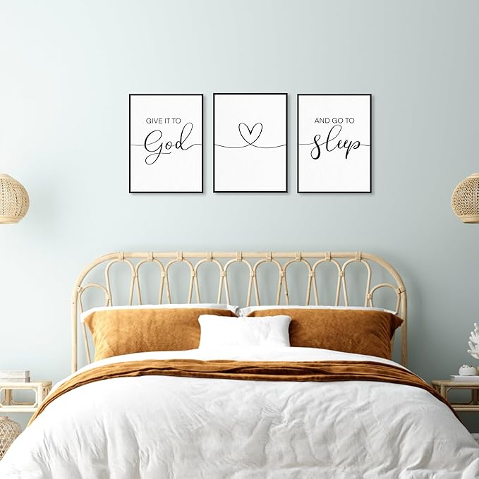 Give It To God And Go To Sleep 3-Piece Wall Sign Decor: Framed Modern Minimalist Quotes for Couples Above Bed 12"x16"