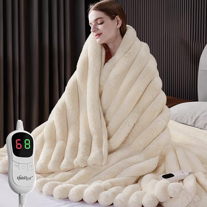 Heated Blanket Full Size, Faux Fur Cozy Heating Blanket with Overheat Protection, 1/2/4/6/8 Hours Auto-Off 10 Heat Level, Machine Washable (72x84 Inches, Cream White)
