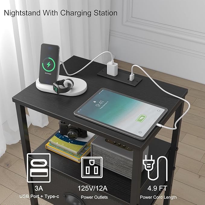 Nightstands Set of 2, LED Night Stands with Charging Station and Fabric Drawer, Bedside Tables with Drawers, 2- Tier LED Side Tables End Table Charging Station Livingroom Bedroom, Black