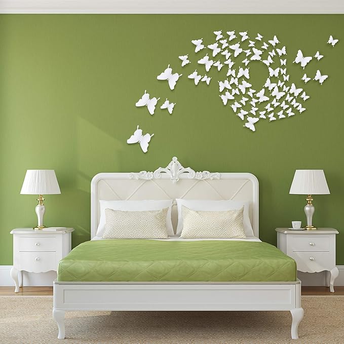 BBTO 48 Pieces Butterfly Wall Decor DIY 3D Mirror Butterfly Stickers Removable Decals Crafts for Birthday Party Bedroom School Bathroom Living Room Decor(White)