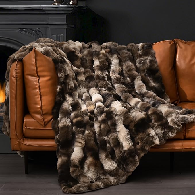 PHF Luxury Faux Rabbit Fur Throw Blanket, Ultra Soft Fluffy Plush Cozy Warm Bubble Blanket for Bed, Couch, Sofa Decorative, Thick Reversible Throw Suitable for Fall & Winter, 50" x 60", Tie Dye Brown