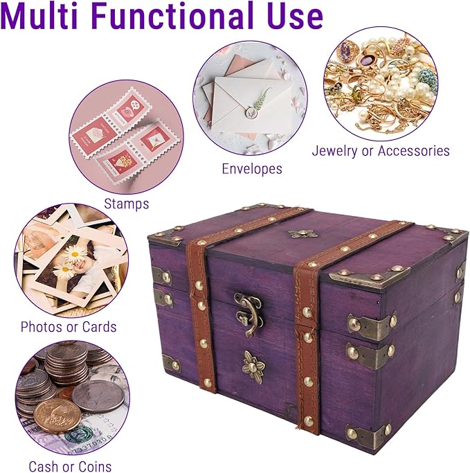 Vintage Treasure Chest Box, Wooden Jewelry Storage Box with Leather & Metal Accents, Decorative Retro Trunk for Home Bedroom Gifts (8.54x5.91x5.12in) (Purple)