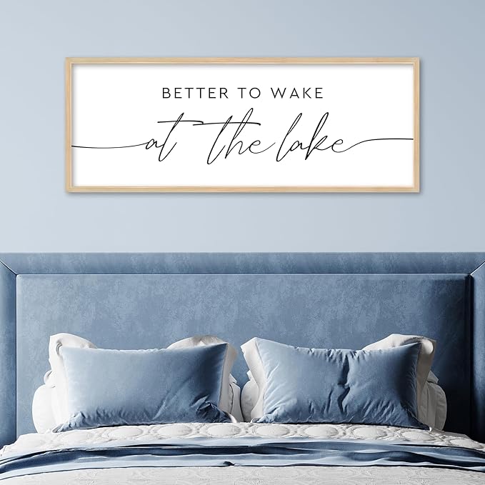 SRSZHIYUE Better To Wake At The Lake Wall Decor Above Bed Sign 40"×15" for Lake House Rustic Bedroom Over Bed Farmhouse Large Wood Framed Home Wall Hanging Art (Wood)