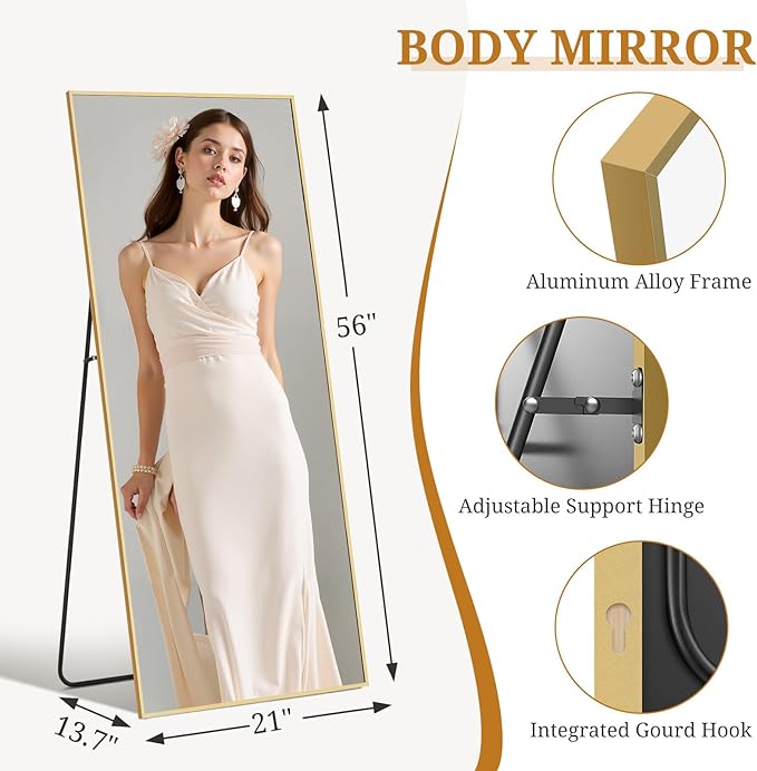 Full Length Mirror 56"x21" Full Body Mirror Rectangle Free Standing Wall Mounted Leaning Floor Mirrors with Stand Aluminum Alloy Frame for Bedroom Cloakroom, Gold