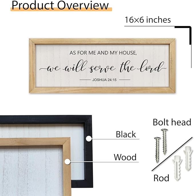 comurdyo Bible Verse Wall Decor As For Me And My House We Will Serve The Lord Sign 16×6 Inch Joshua 24:15 Christian Scripture Plaque for Bedroom Above Bed Small Rustic Wood Framed Wall Art (Wood)