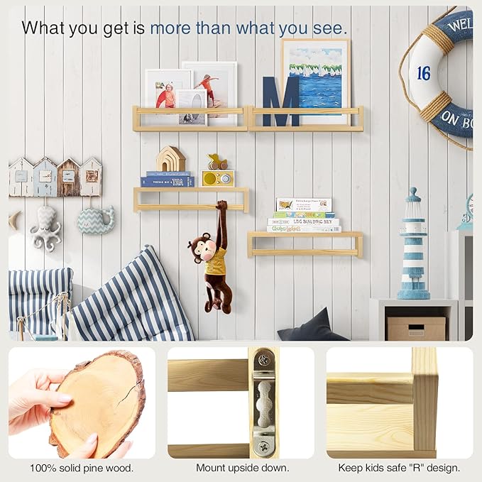 Forbena Natural Wood Nursery Book Shelves Wall Mounted, Floating Bookshelf for Kids Room, Toys and Books Storage Organizer Bookshelves for Toddler Child Bedroom Bathroom (4 Pack Natural Wood)