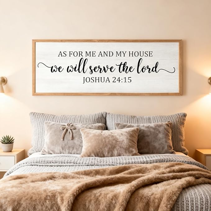 As For Me And My House We Will Serve The Lord Framed Wall Art, 40''×15'' Horizontal Positive Religious Rustic Bible Verse for Christian God Jesus Christ Prayer, Vintage Holy Catholic Scripture Decor