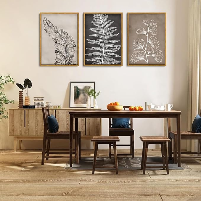 Wodkwq 3 Piece Black Beige Vintage Botanical Canvas Wall Art Framed,Modern Natural Leaves Wall Decor,Minimalist Floral Wall Painting, Abstract Leaf Art Print for Living Room,Bedroom,Office 12x16in