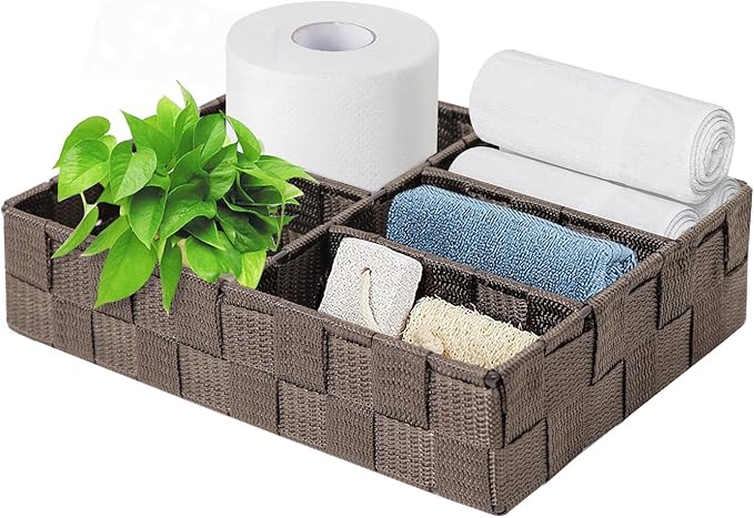 Wicker Basket Hand Woven Plastic Wicker Basket with Divider for Organizing Toilet Paper Storage Small Baskets for Organizing