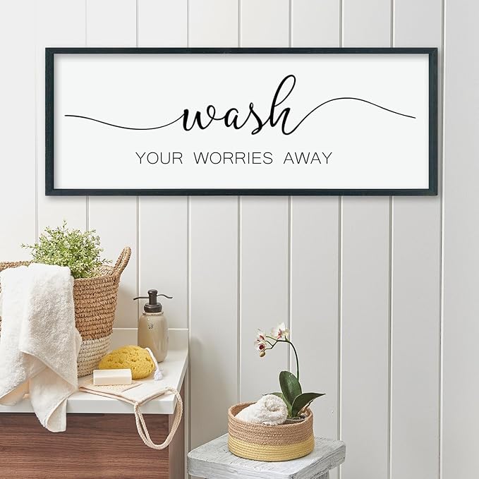 LuZhiQiang Laundry Room Wash Your Worries Away Wall Decor 40"×15" Inspirational Quote Sign for Bathroom Relaxation Room Rustic Farmhouse Large Wooden Framed Wall Hanging Art (Black)