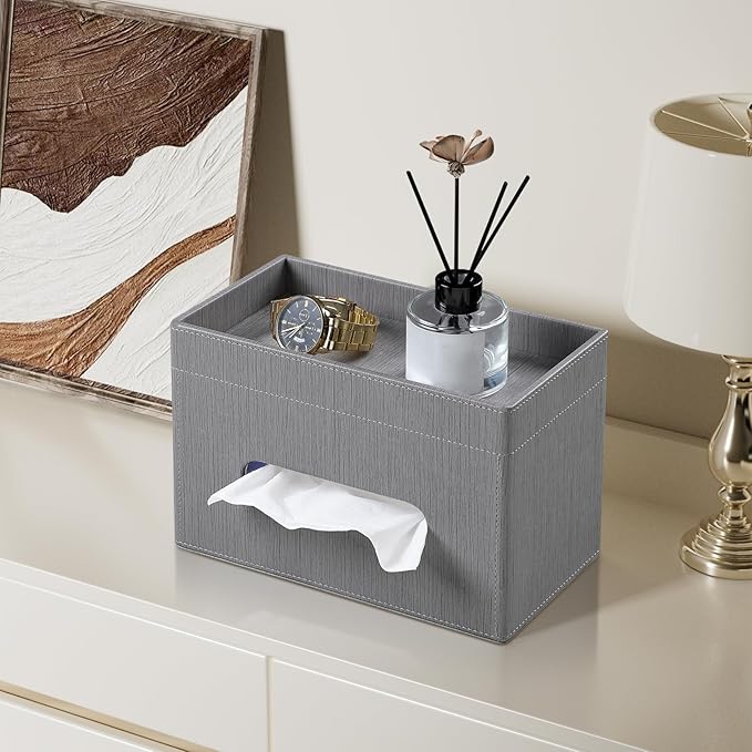 Plus Size Tissue Box Cover Rectangle, PU Leather Tissue Box Holder with Storage Tray, Decorative Organizer Tissue Holder for Bathroom, Bedroom Dresser, Night Stand, Office (Grey)