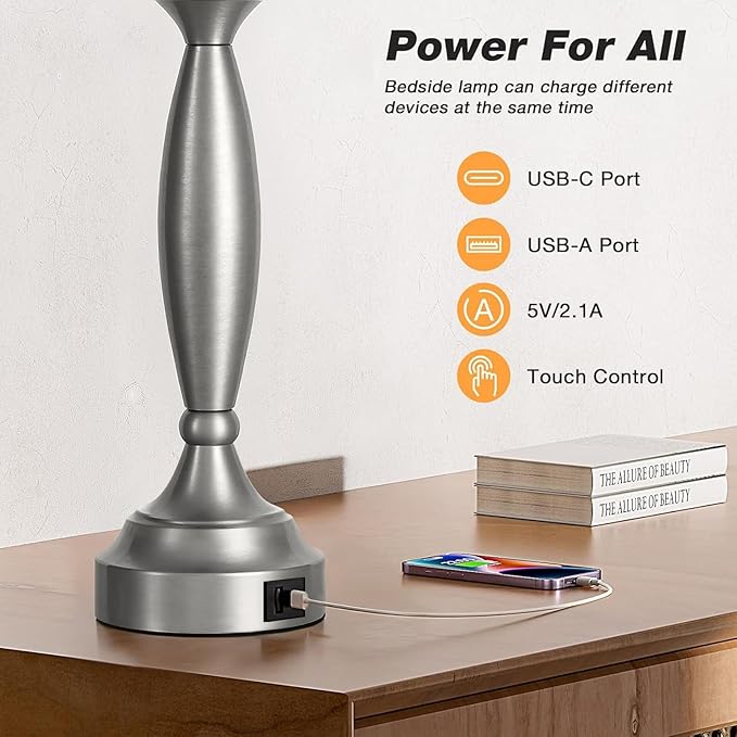 25.5" Lamps for Bedrooms Set of 2 - Touch Bedside Lamp with USB C+A, 3 Way Dimmable Nightstand Lamps with USB Port, Brushed Nickel Table Lamp for Living Room Bed Side End Table（bulbs included）