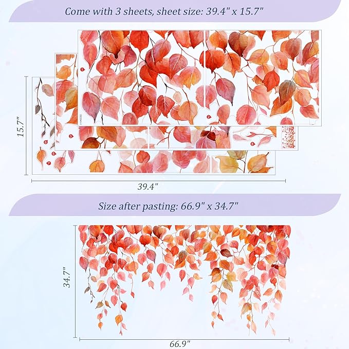 Autumn Leaves Wall Decals Peel and Stick, Large Leaves Vines Vinyl Wall Stickers, Removable Vine Home Decor Art for Bedroom Living Room Classroom Office