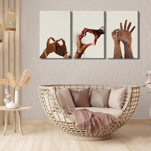 3Pcs Black Couple Canvas Wall Art Holding Hands Heart Love Wall Decor Afro Women Men Poster Prints for Living Room Bedroom Bathroom Decorations (16x24in Canvas)