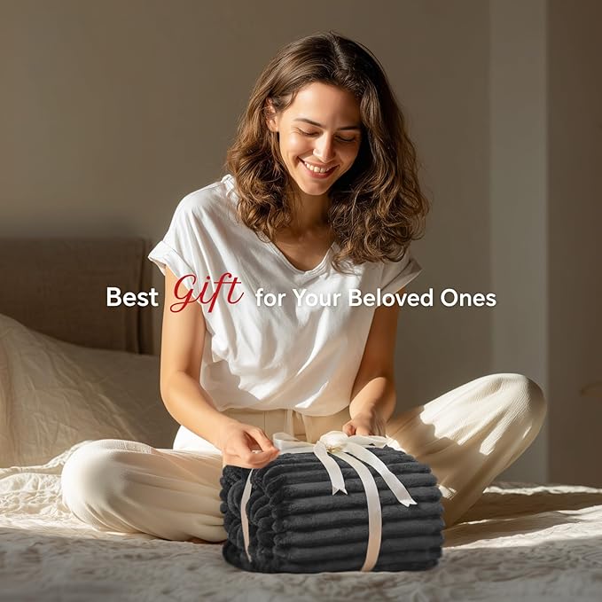 INFIIXSO Sherpa Fleece Queen Size Blanket - Super Soft & Warm Striped Fleece, Cozy Plush Fluffy Large Bed Blanket All Season Use (Grey, 90x90 Inches