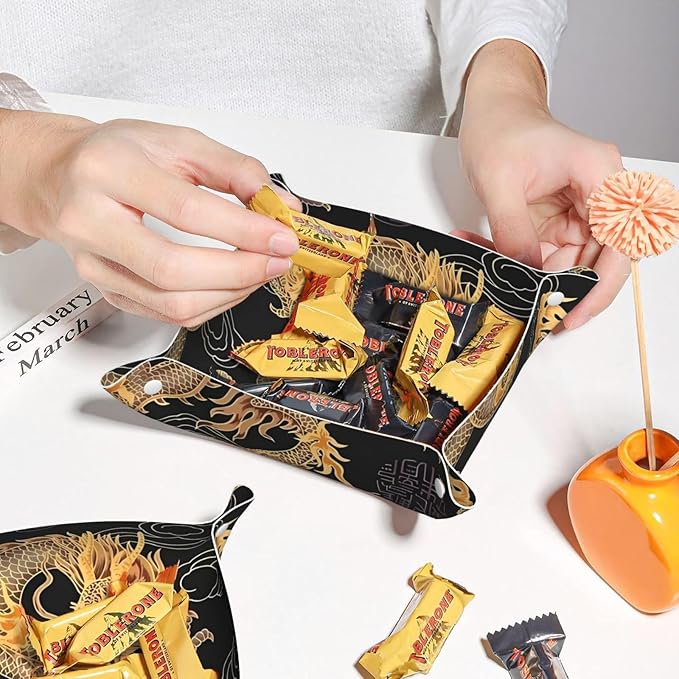 Oriental dragon Leather Vanity Tray Desktop Storage Organizer, Decorative Catchall Perfume Tray, Bathroom Valet Tray,Nightstand Caddy Holder for Keys Phone Wallet Coin Jewelry, S