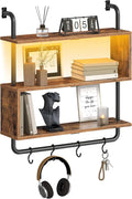 HOOBRO Floating Shelves with LED Lights, 29.5" LED Wall Mounted Gaming Shelf, 3-Tier Pipe Display Rack with Hanging Rod and 4 S-Hooks, for Storage Livingroom, Bedroom, Rustic Brown and Black BF21DBJ01