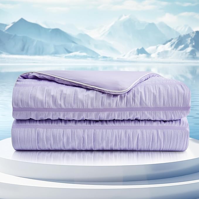 Cozy Bliss Seersucker Cooling Comforter Twin Size, Q-Max 0.45 Reversible Lightweight Cooling Blanket, Breathable Silk Smooth Summer Bedding Quilt for Hot Sleepers Night Sweats Purple