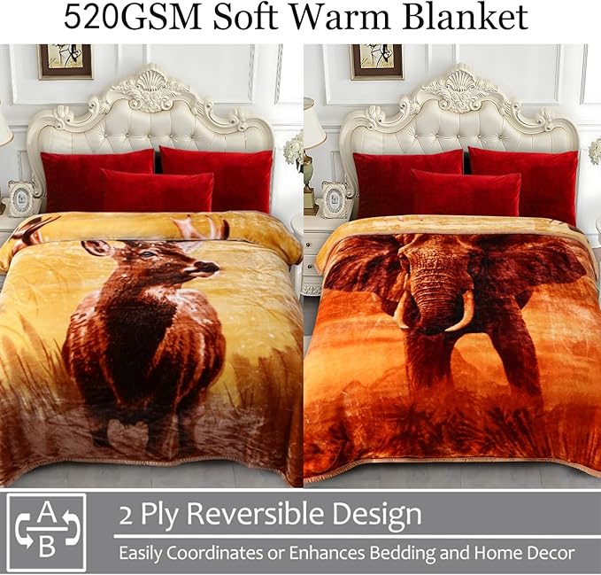 JYK Soft Fleece Bed Blanket King Size 83'' x 91'', 520GSM Medium Thick and Warm Blanket for Winter, Fuzzy Plush Bed Blanket King Size 5.7 LB, Cozy Fuzzy Microfiber Blanket - Deer/Elephant