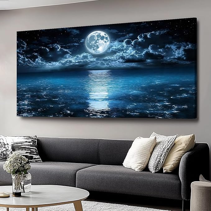 Big Moon Canvas Wall Art - Modern Seascape Paintings for Living Room, Bedroom Wall Decor, Framed Wall Art for Home or Office Decoration, Large Wall Art 60x30in