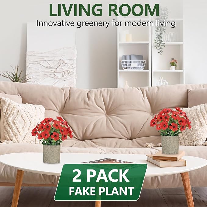 2 Pack Small Fake Plants Potted Artificial Plants Artificial Flowers Potted Faux Flower Daisy with Eucalyptus Leaves for Home Decor Office Room Farmhouse Indoor Table Bathroom Decor（Red）