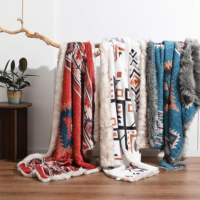 Luxury Plush Faux Fur Throw Blanket with Aztec Pattern, Super Warm, Fuzzy, Elegant, Fluffy Decoration Blanket for Couch, Armchair, Sofa and Bed, 50''x 60'', Cream