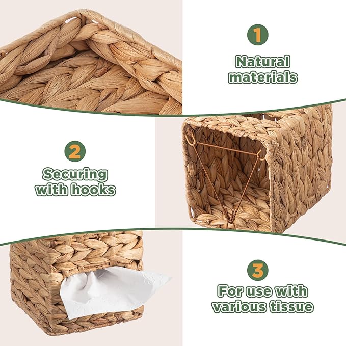 Water Hyacinth Tissue Box Cover with Storage Tray, Rattan Wicker Box Holder Boho Handwoven Napkin Organizer for Desktop, Nightstand and Bathroom, Natural Modern Home Decor