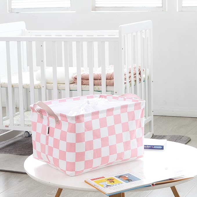 Hinwo Large Canvas Fabric Storage Basket with Handles, 33L/8.6-Gal Rectangle Bin, Collapsible Storage Box, Clothes, Toys, Blankets Organizer, 16.5 x 12 x 10 Inches (L, Pink Checkerboard)